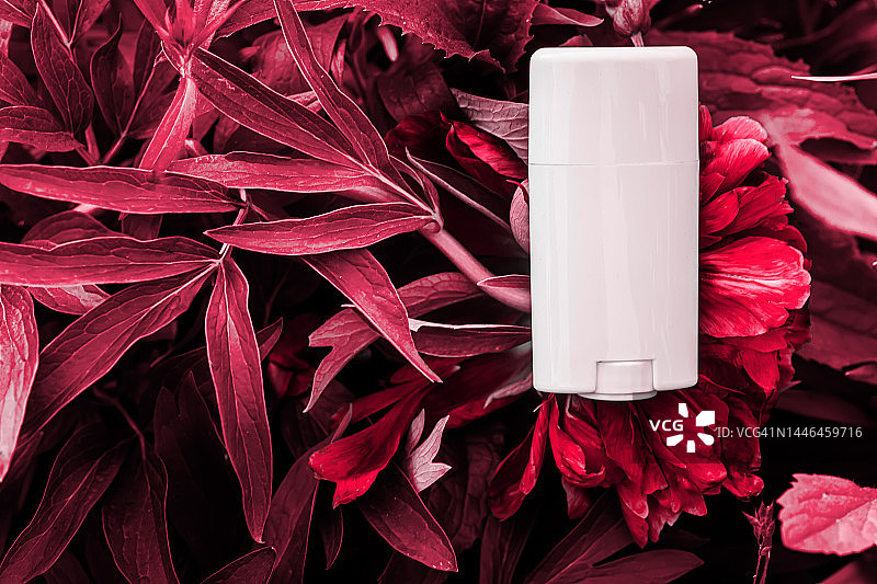 品红色调止汗除臭剂棒模型。夏季花园牡丹花束上的固体除臭剂。2023年度流行色。图片素材