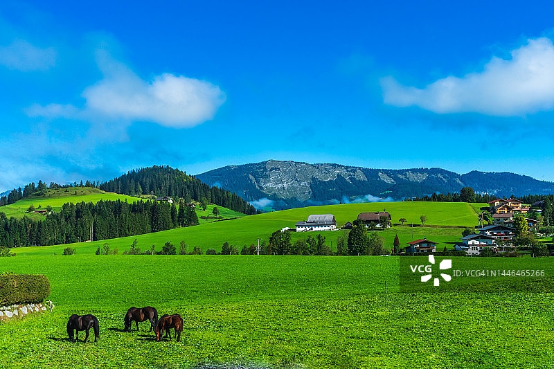 奥地利哈莱因附近山丘上的乡村景色图片素材
