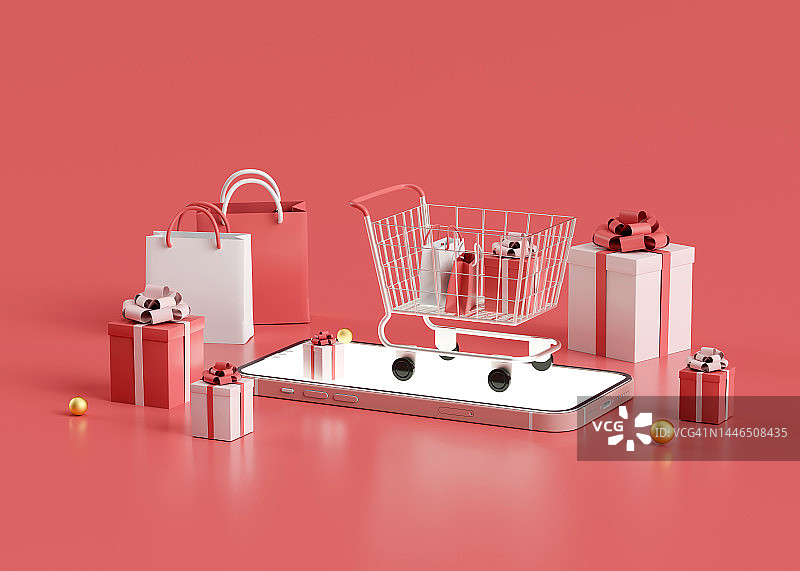 移动应用在线购物概念营销3D渲染图片素材