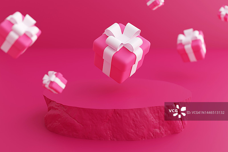 品红色展示台，用于展示美容产品、化妆品，带礼品的3D产品展示，用于装饰设计，舞台图片素材