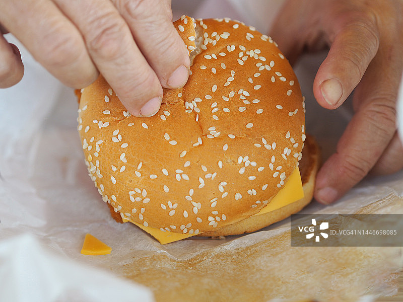 手拿奶酪鱼汉堡图片素材