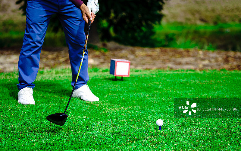 在阳光明媚的绿色高尔夫球场上打高尔夫球的男人图片素材