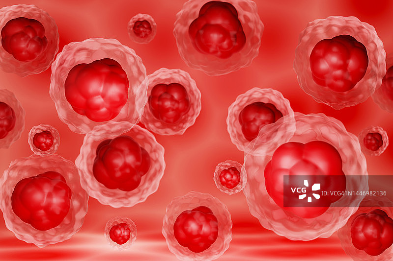 红色背景上的血细胞、癌细胞。中毒、感染概念。医药和医疗保健。3D图片素材