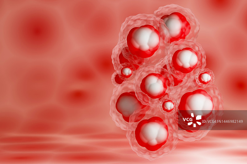 红色背景上的血细胞、癌细胞，中毒、感染概念，医学与健康，3D，留白图片素材