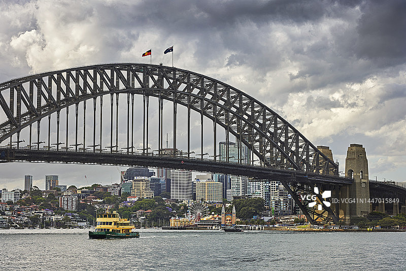 悉尼海港大桥、渡轮和雨云图片素材