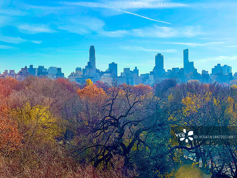 纽约中央公园和上东区的秋叶变化图片素材