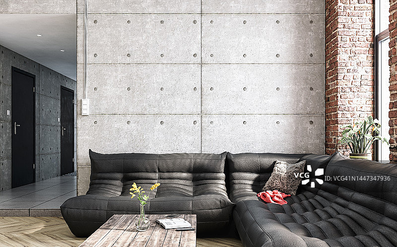 现代工业风客厅，配有黑色皮沙发、桌子和装饰品，背景为混凝土和破旧的砖墙图片素材