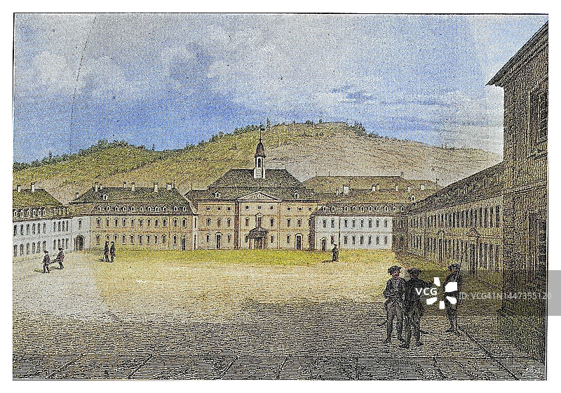 德国斯图加特霍厄·卡尔舒勒军校古老雕刻插图图片素材