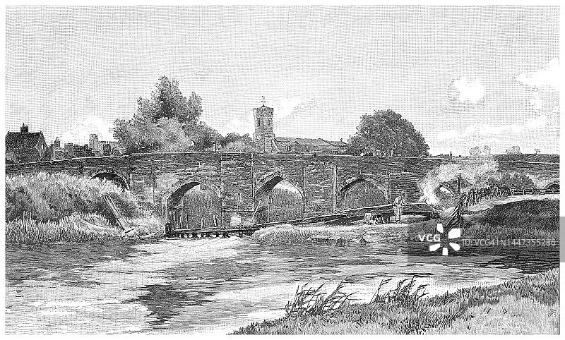 英格兰沃里克郡埃文河畔比德福德的比德福德桥古老雕刻插图图片素材