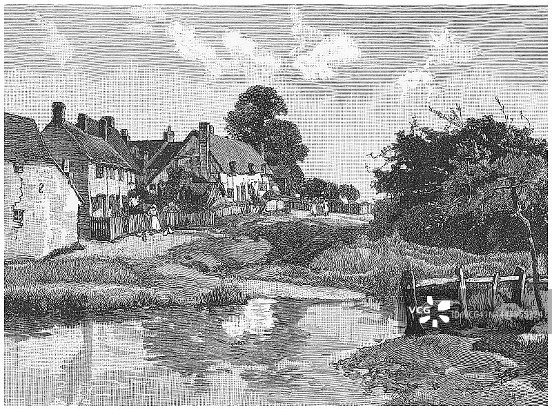 英格兰贝德福德郡布鲁姆村庄古老版画插图图片素材