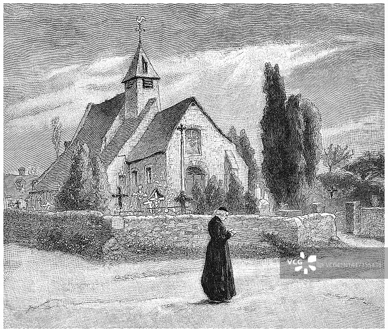 诺曼底乡村教堂古董雕刻插图图片素材