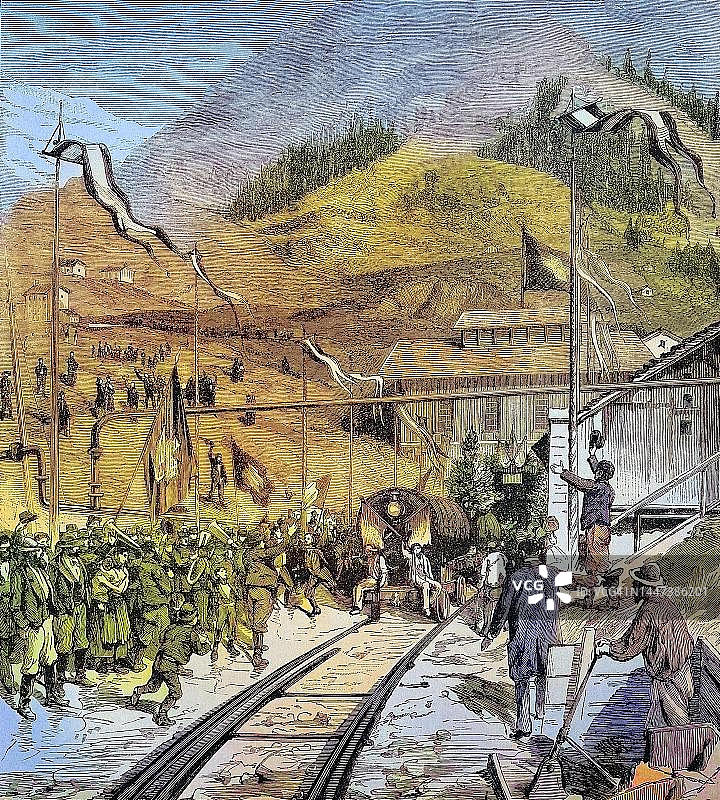 1882年瑞士艾罗洛，庆祝首列火车抵达的哥达隧道（19世纪原版数字修复再现）图片素材