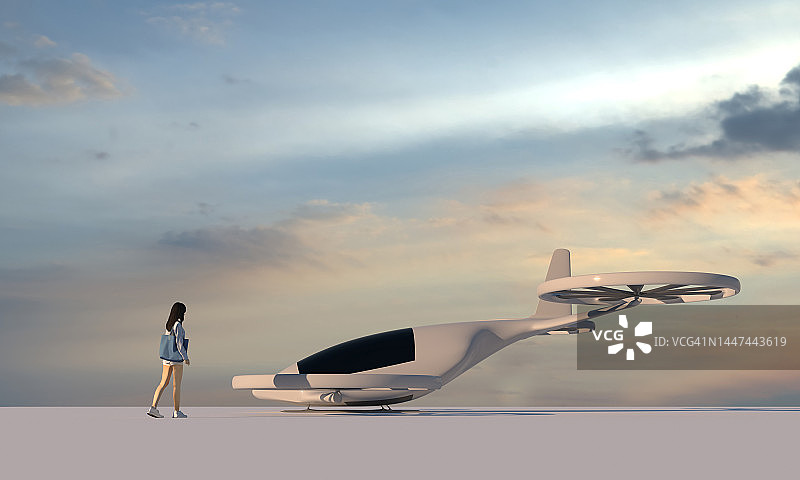 女人进入垂直起降飞行器图片素材