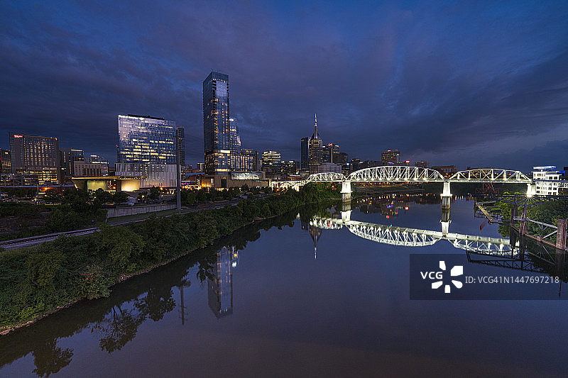 从日落到夜晚，坎伯兰河上看到的纳什维尔天际线图片素材