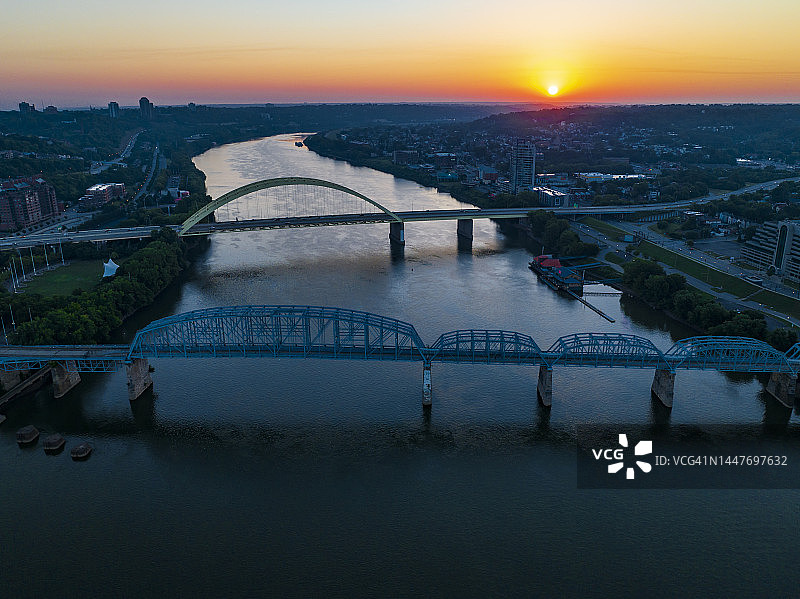 从肯塔基州科温顿到俄亥俄州辛辛那提的俄亥俄河上的桥梁鸟瞰图图片素材