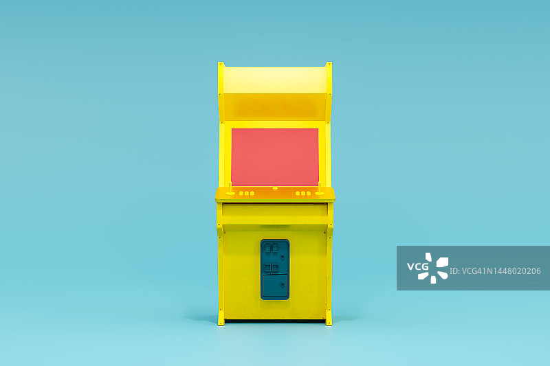 3D渲染：黄蓝色街机游戏机，蓝色背景红色屏幕，游戏概念图片素材