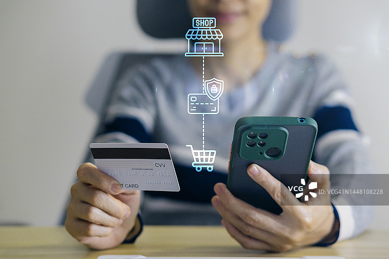 女人在智能手机上用信用卡在网上购物，进行在线支付图片素材