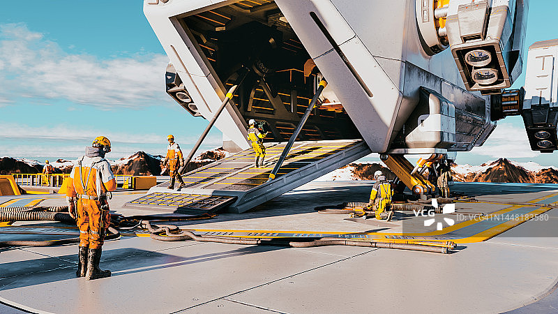 工人准备一架未来派航天飞机，准备起飞图片素材