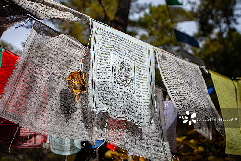 风中飘扬的佛教祈祷旗与秋叶特写图片素材