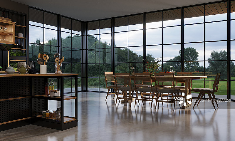 现代有机厨房和餐厅室内设计。3D建模。图片素材