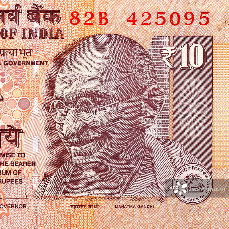 印度卢比上的圣雄甘地图片素材