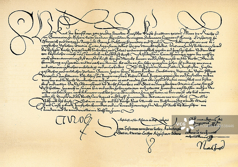 查理五世皇帝致马丁·路德的安全通行证手稿，并邀请其参加沃尔姆斯宗教会议图片素材