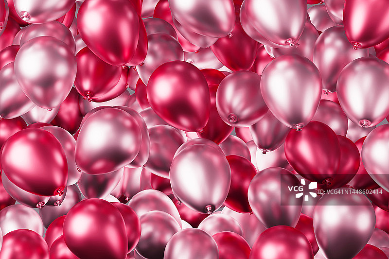 闪亮的粉色、红色、维瓦洋红色气球，精美3D节日banner，2023年度流行色图片素材