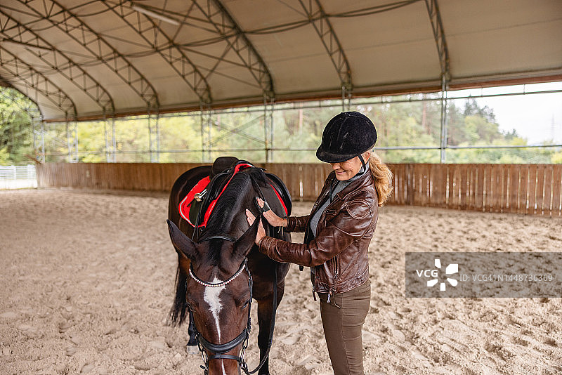成熟的白人女性在乡村与她的马互动图片素材