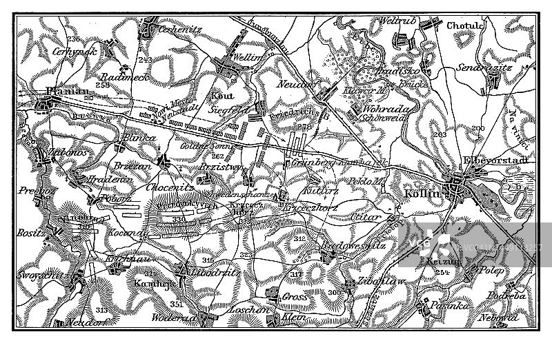科林战役古地图：1757年6月18日，道恩伯爵率领下的54000名奥地利人击败了弗里德里克大帝领导下的34000名普鲁士人图片素材