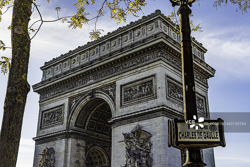 巴黎凯旋门景观，背景为蓝天白云和秋季树叶，街道标志牌显示为戴高乐广场图片素材