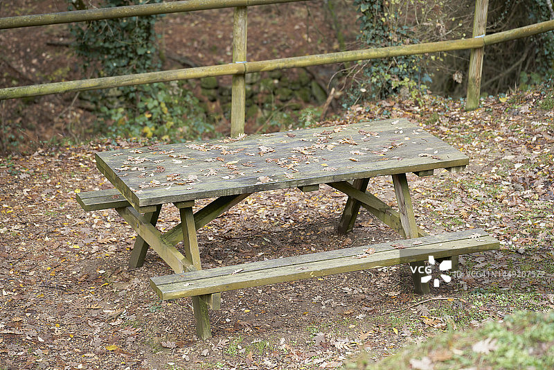 被许多落叶、竹制栏杆和藤蔓环绕的木制野餐桌图片素材