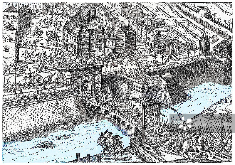 昂热公爵弗朗西斯于1583年1月16日袭击安特卫普失败的老版画插图图片素材