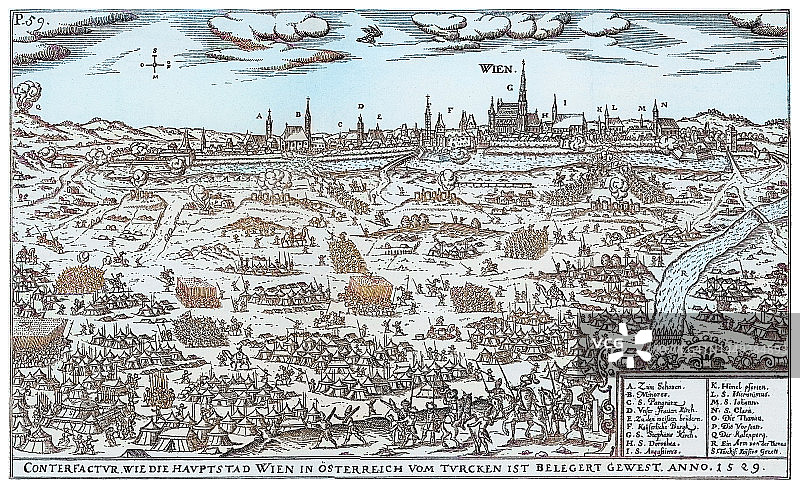 维也纳围攻战古老雕刻插图（1529年）图片素材