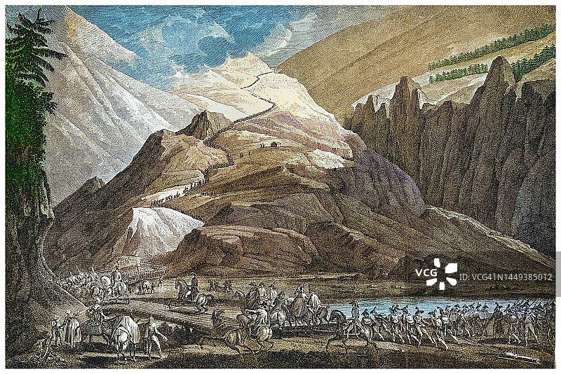 拿破仑率法军穿越阿尔卑斯山古老雕刻插图图片素材