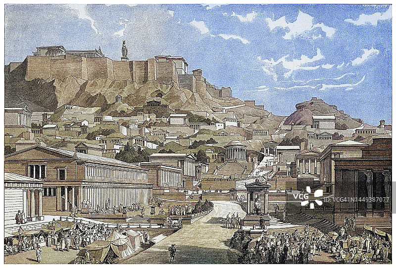 古雅典城重建图古老雕刻插图图片素材