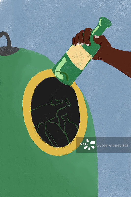 将空玻璃瓶放入玻璃回收箱的数字插画图片素材