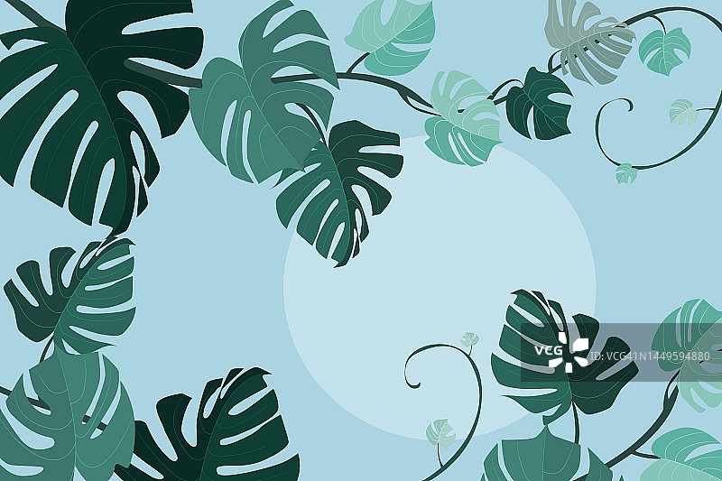 美丽的自然插画概念，展现了森林中树叶的清新和蔚蓝的天空图片素材