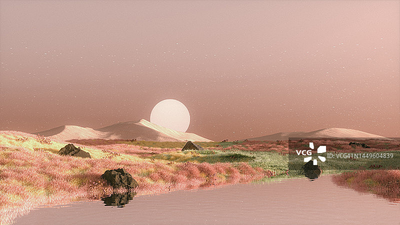 粉色草地超现实3D景观图片素材