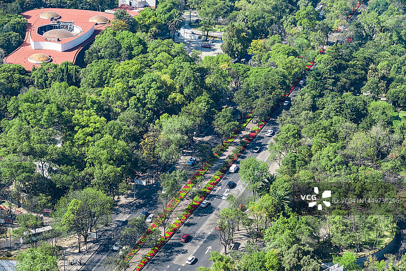 墨西哥城查普尔特佩克森林中的改革大道鸟瞰图图片素材