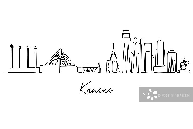 堪萨斯城市天际线的连续线条画。美丽的地标。世界景观旅游家居墙壁装饰海报印刷。时尚的单线绘画图形设计矢量图图片素材