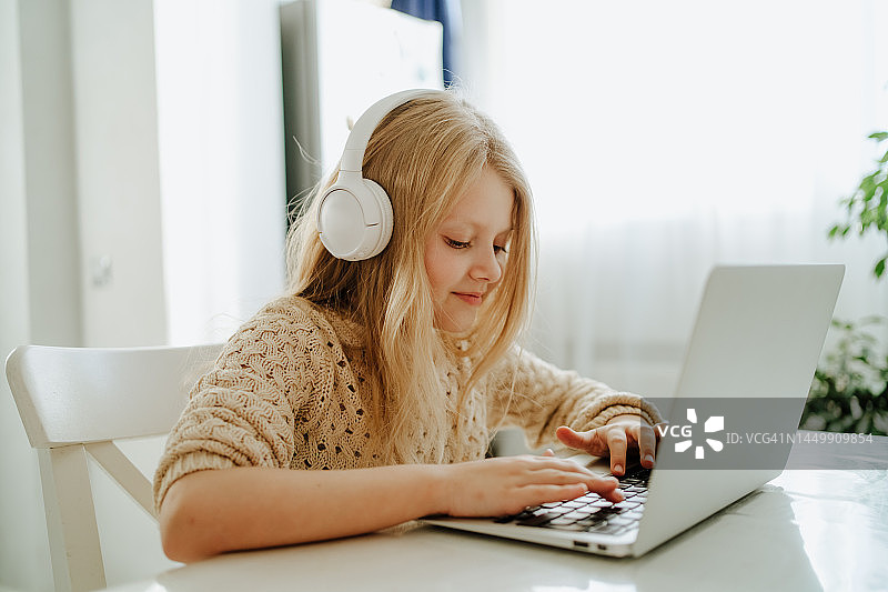 无线技术下的社交网络和朋友交流：在家用电脑的金发女孩图片素材