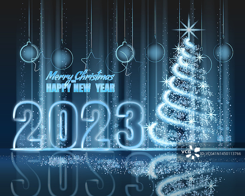 2023圣诞节新年背景：蓝色光点装饰和模糊魔法光晕图片素材