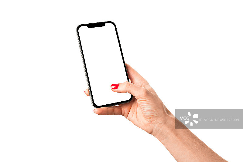 女人手持白色屏幕的现代手机iPhone模型，白色背景图片素材