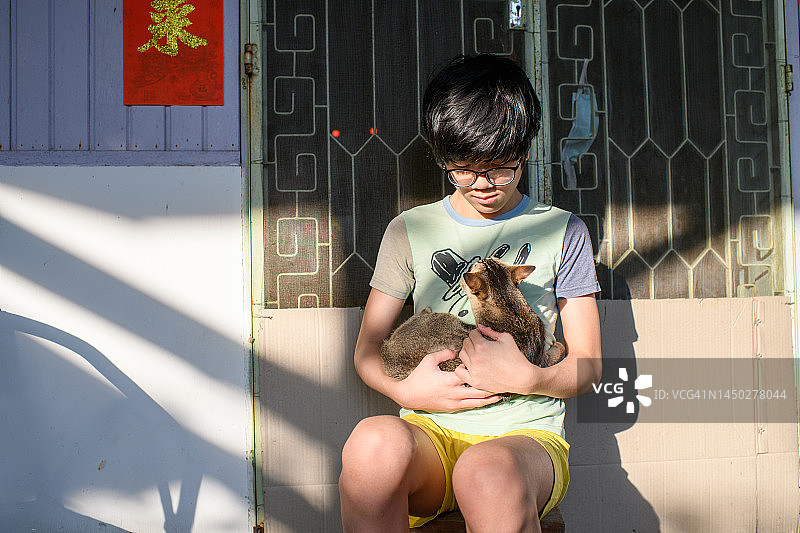 抱着一只虎斑猫的小男孩图片素材