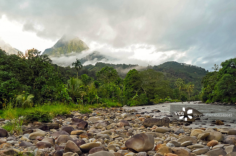 笼罩在云雾中的农科克山，沙巴州哥打毛律县Tambatuon村的雨林和岩石河流，马来西亚图片素材