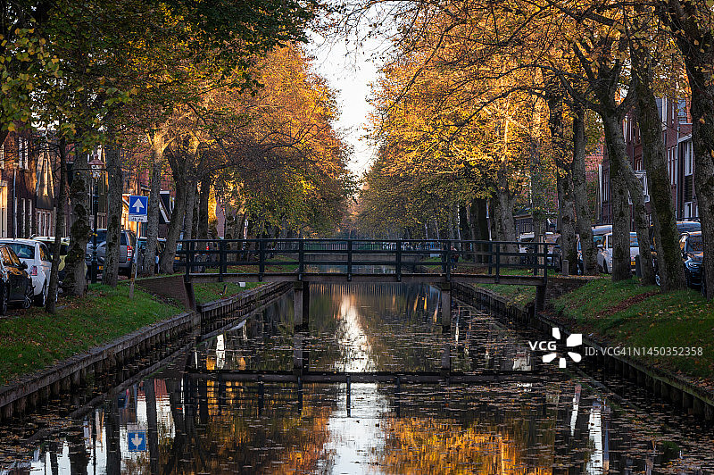 运河上成排树木和桥梁的倒影图片素材
