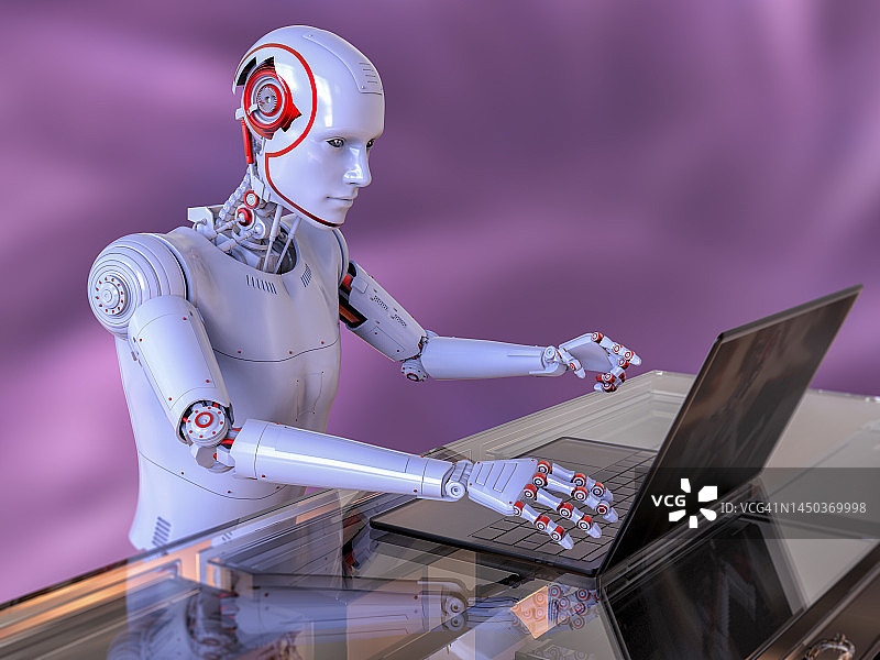 使用笔记本电脑工作的拟人机器人概念插图图片素材