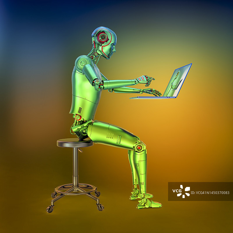 使用笔记本电脑工作的拟人机器人概念插图图片素材