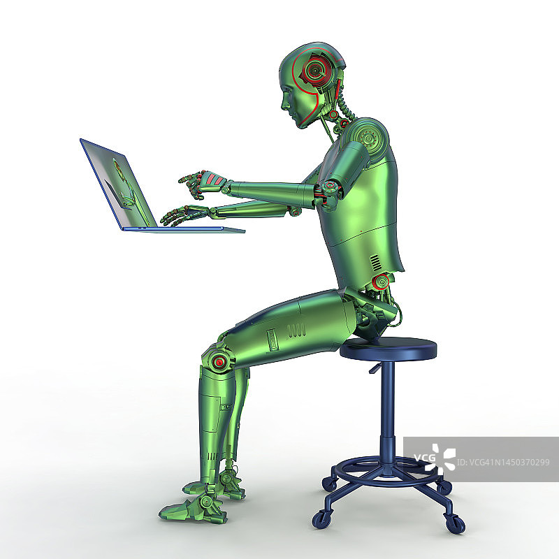 使用笔记本电脑工作的拟人机器人概念插图图片素材