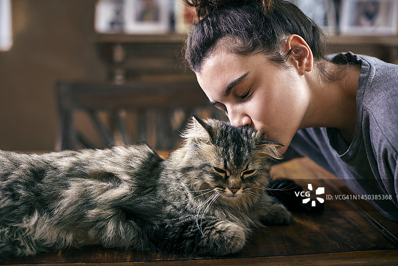 年轻女子亲吻躺在家中桌子上的猫图片素材